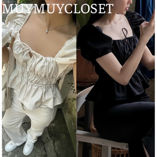  Áo babydoll linen cổ vuông kiểu xinh tay phồng tiểu thư công chúa bo thân nơ coquette ngực xinh xắn MUY248 