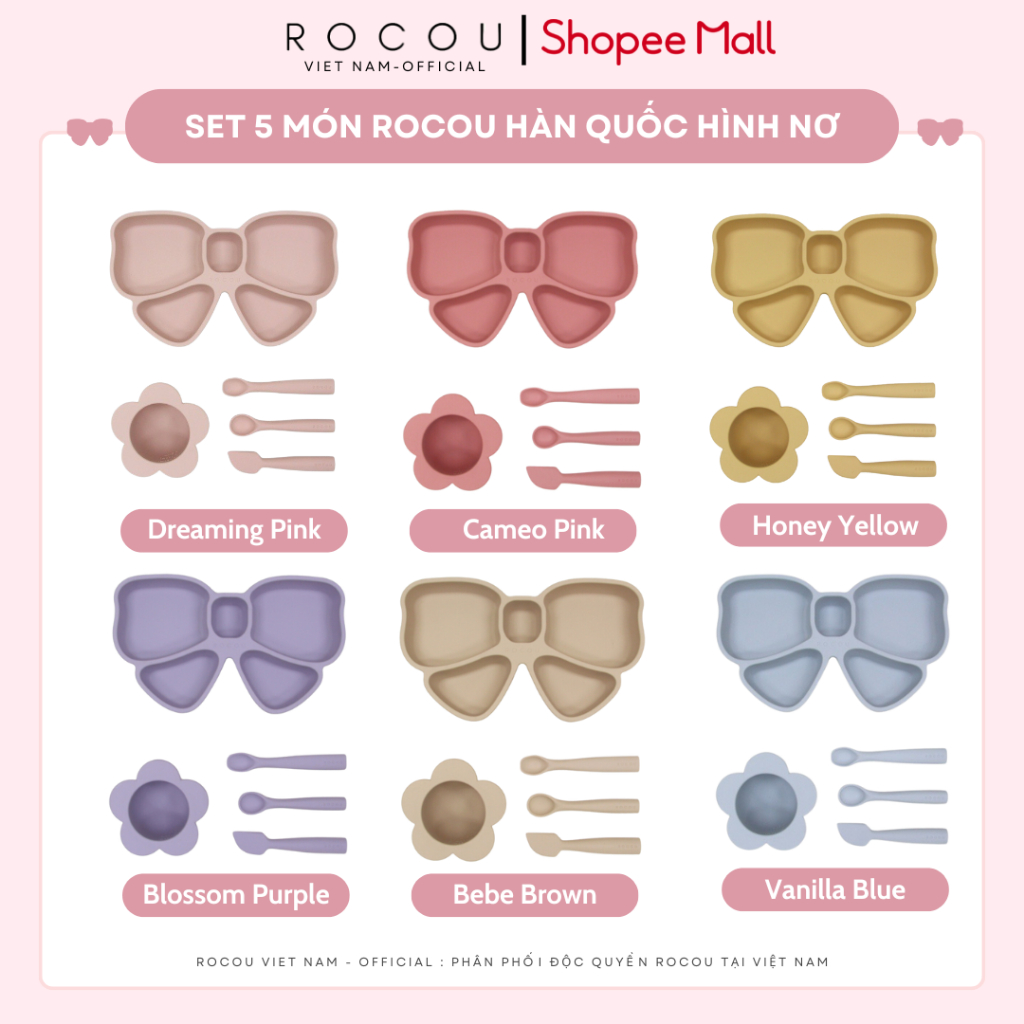 Set 5 dụng cụ ăn dặm silicone cao cấp ROCOU Hàn Quốc hình nơ cho bé (3 thìa, bát, khay)