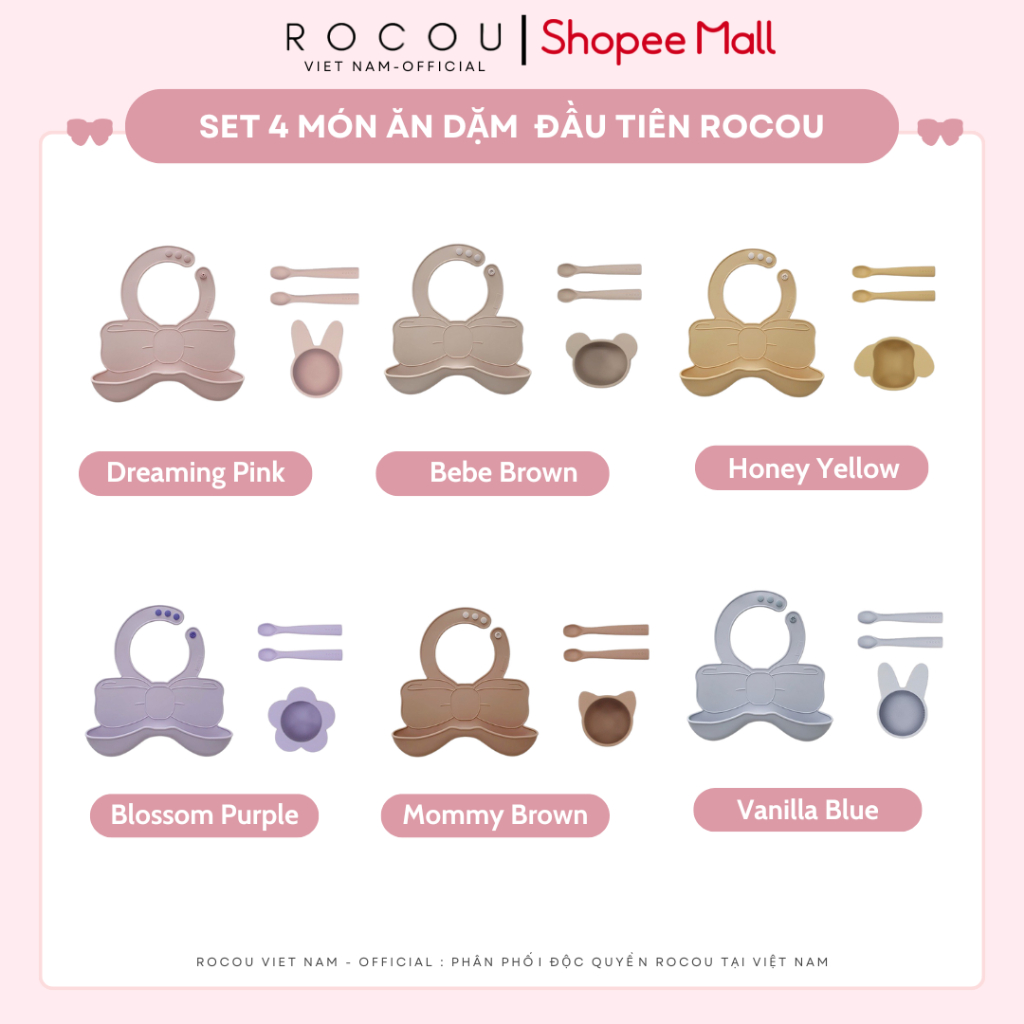 Set yếm kèm bát thìa ăn dặm silicone cao cấp ROCOU Hàn Quốc cho bé