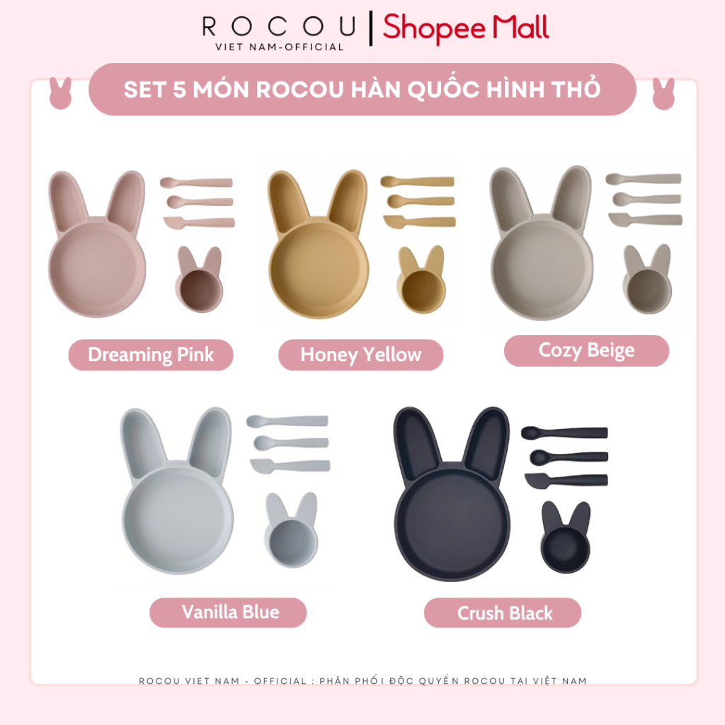 Set 5 dụng cụ ăn dặm silicone cao cấp ROCOU Hàn Quốc hình thỏ cho bé (3 thìa, bát, khay)