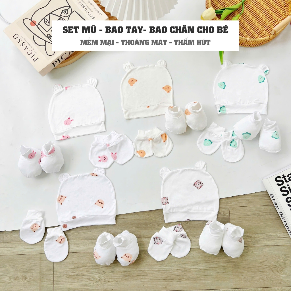Set mũ bao tay bao chân cho bé sơ sinh thun lạnh petit cho bé trai bé gái mỏng nhẹ mềm mịn thoángmát