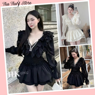 Sét Váy Cổ V Đính Đá Dài Tay Bèo Tầng Cv Xoè Hot Fom Siêu Hách Dáng Phù Hợp Sinh Nhật , Chụp Ảnh , Đi chơi