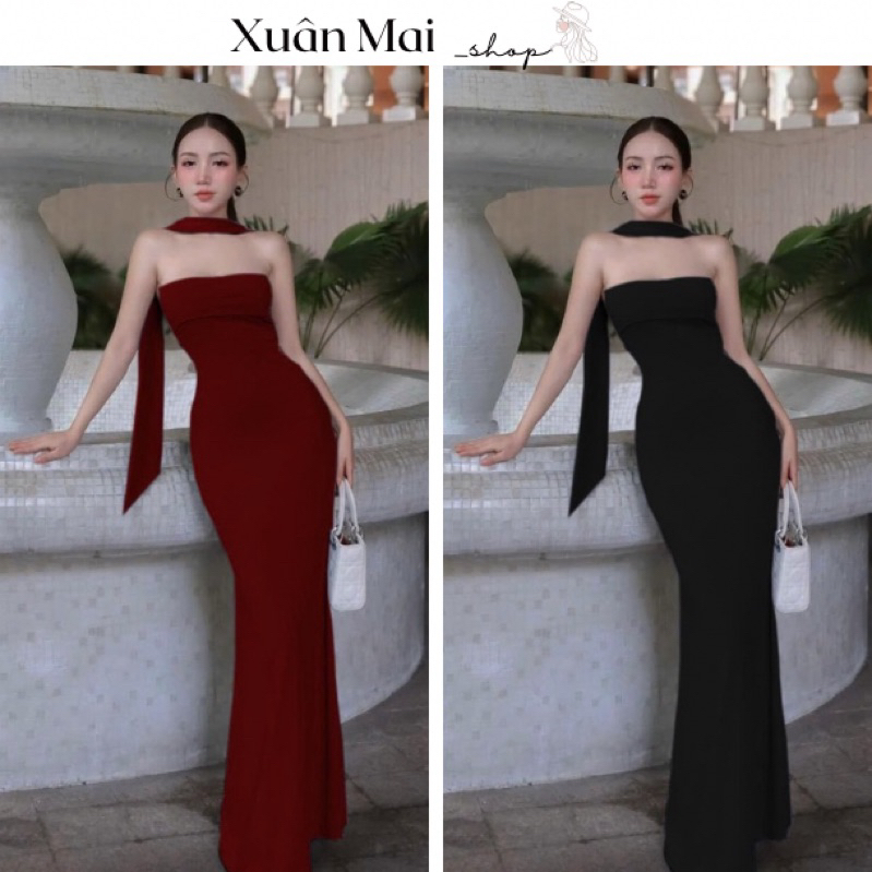   FREESHIP  Đầm ôm body nữ cúp ngực form dài loe đuôi cá kèm dây cổ hai màu đỏ đen đi tiệc đi chơi Noel Tết 