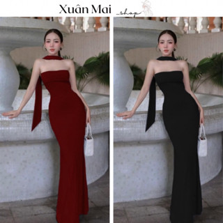 [FREESHIP] Đầm ôm body nữ cúp ngực form dài loe đuôi cá kèm dây cổ hai màu đỏ đen đi tiệc đi chơi Noel Tết