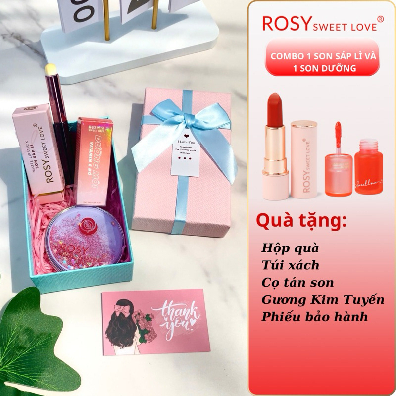 Combo Quà Son Sáp Lì Rosy và Son Dưỡng vitamin e đỏ Rosy Sweet Love quà tặng bạn gái