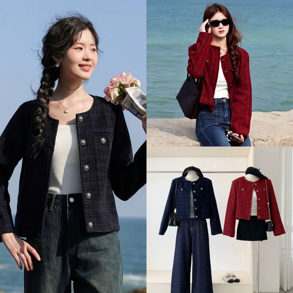 Áo Khoác Dạ Tweed Cổ Tròn Phối Cúc Đồng 2 Lớp Sang Chảnh, Labibi