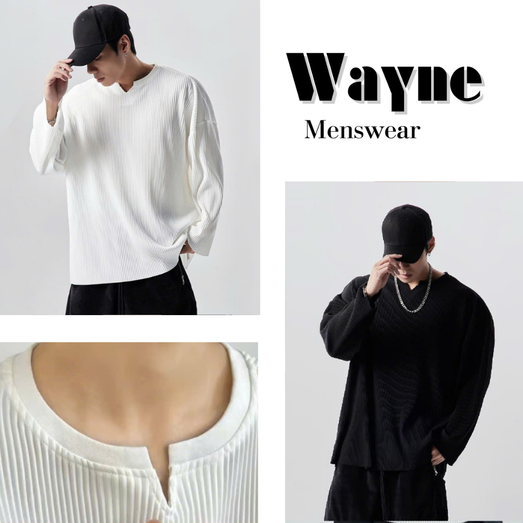 Áo Thun Gân Cổ V Dài Tay Unisex Kiểu Dáng Basic Dễ Phối, Thiết kế trẻ trung năng động Wayne Menswear