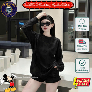 Set Áo LV Ô Vuông Dài Tay Dập Nổi Vân Phối Quần Short Cộc 01, Chất Nỉ, Thoáng Mát, QC Cao Cấp