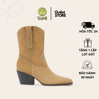 Giày Bốt Cao Bồi Cổ Thấp, Boot Nữ Mũi Nhọn Gót Vuông Màu Nâu Chất Liệu Da Lộn Cao Cấp, Giày Xuất Xịn YAMI