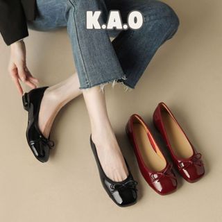 Giày Búp Bê Da Bóng Gót Dày Mũi Vuông Đính Nơ Màu Đỏ Vang Thời Trang Nữ - HẢI ANH SHOES