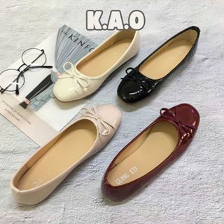 Giày Búp Bê Bệt Nơ Da Bóng Gót Giày Mũi Vuông Nhẹ Nhàng 2 Màu Đỏ Đen - Tiệm nhà KAO