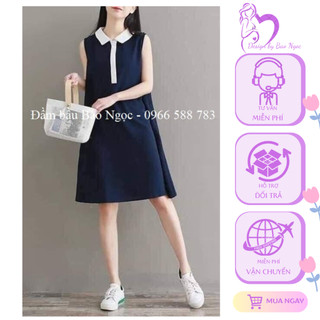 Váy bầu sát nách màu xanh than phối cổ đức trắng dáng xuông, chất mềm mát, co giãn, ko nhăn, có túi 2 bên- SL17