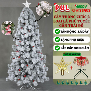 [ NEW] Cây thông noel 1M2 1M5 2M 2M4 CƯỚC LOẠI LÁ PHỦ TUYẾT GẮN TRÁI ĐỎ trang trí decor giáng sinh