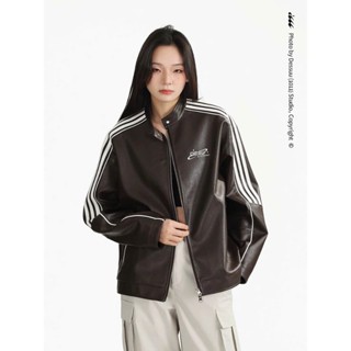 Áo khoác da PU Bomber Biker Desu Dessuu tay áo kẻ sọc phong cách retro cho nam và nữ