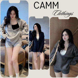 Set đồ nữ thu đông,đồ bộ nữ 3 chi tiết áo trể cổ dài tay kèm áo hai dây phối quần short chất len tăm mềm CAMM HCOM3225