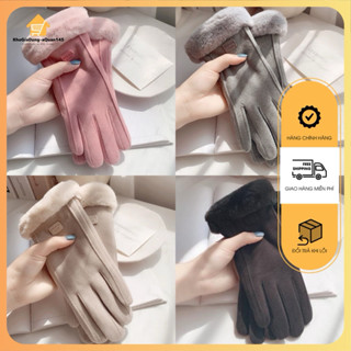 Găng tay nữ mùa đông nhiều màu lông vũ Găng tay ấm màn hình cảm ứng da lộn để chống lạnh, cộng với nhung và dày