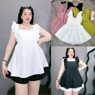Áo sơ mi kiểu dáng baby doll bigsize nữ cổ vuông tay cánh tiên bèo chất vải lụa chéo mềm mại phong cách tiẻu thư- SM32