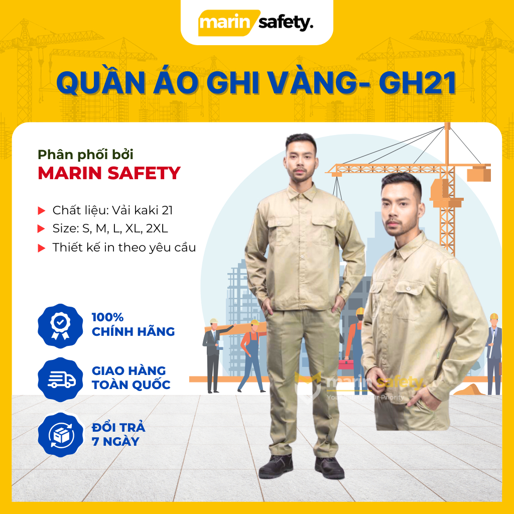 Quần áo bảo hộ lao động GH21 vải kaki 2/1 màu ghi vàng, đồng phục cho công nhân kỹ sư ngành nghề, thương hiệu AGOTA