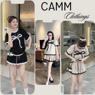 Set bộ nữ chất thun mì hàn, áo thun tay lỡ cổ tròn đính nơ ngực phối màu viền mix chân váy ngắn xếp ly trẻ CAMM HCOM3229