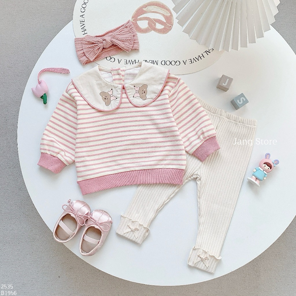 Áo hồng cotton kẻ ngang cổ sen in hình + Quần legging thun tăm gấp gấu đính nơ 2535+B1956