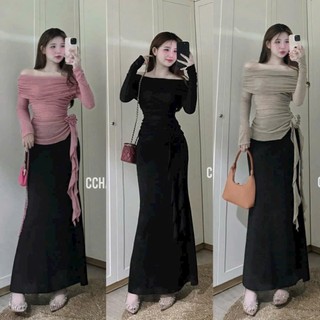  Set váy thời trang hot girl áo thun nhũ trễ vai dài tay bông hoa eo chân váy đuôi cá dáng dài chất vải poly 