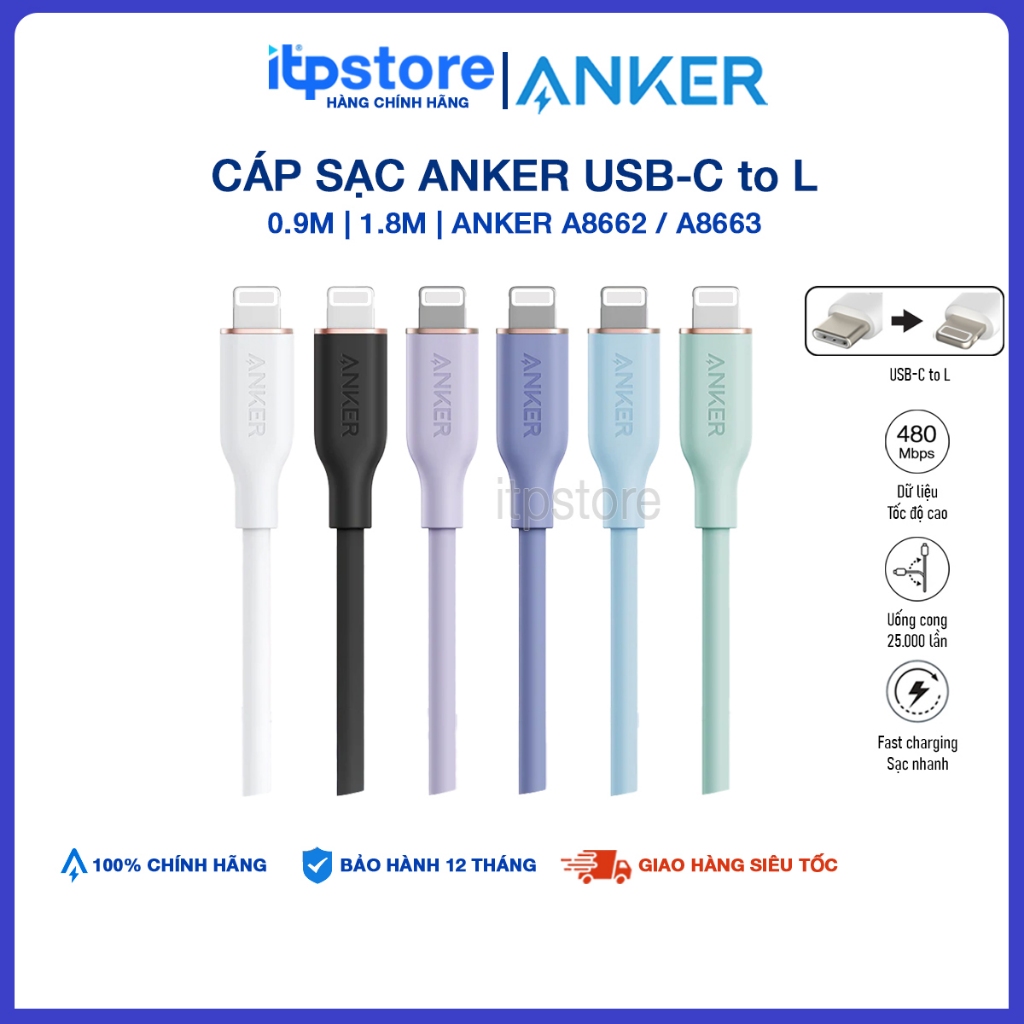 Cáp sạc nhanh truyền dữ liệu Anker PowerLine III Flow USB-C to L A8662 (0.9m) / A8663 (1.8m)