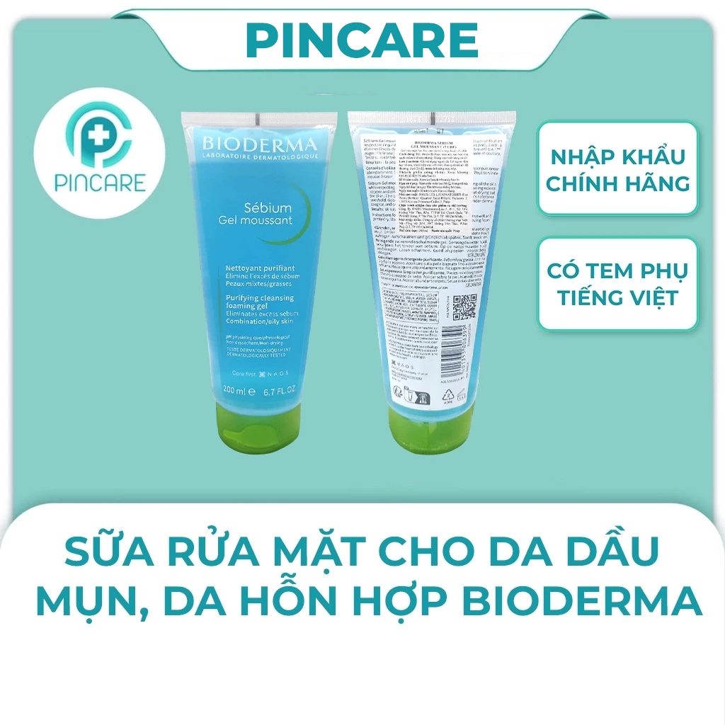 Sữa rửa mặt cho da dầu mụn Bioderma Sebium Gel Moussant (Xanh) 200ml - Có bill chính hãng - PINCARE 