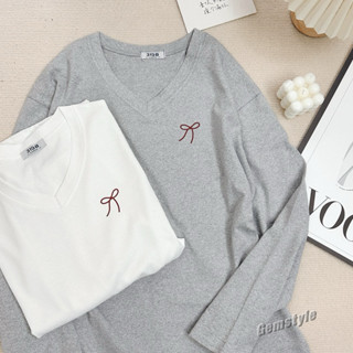 Áo thun nữ dài tay cổ tim NƠ nhỏ, chất cotton khô 3158 dày dặn giữ nhiệt