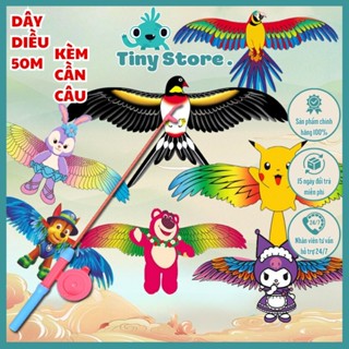 Diều Cần Câu Cho Bé Dây Dài 50m Hoạt Hình Dễ Thương Tặng Kèm Cần + Dây, Diều Mini Cho Bé 25x35cm