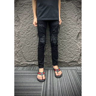  Quần jeans nam vá da đen sước sần vá may  ẢNH THẬT   