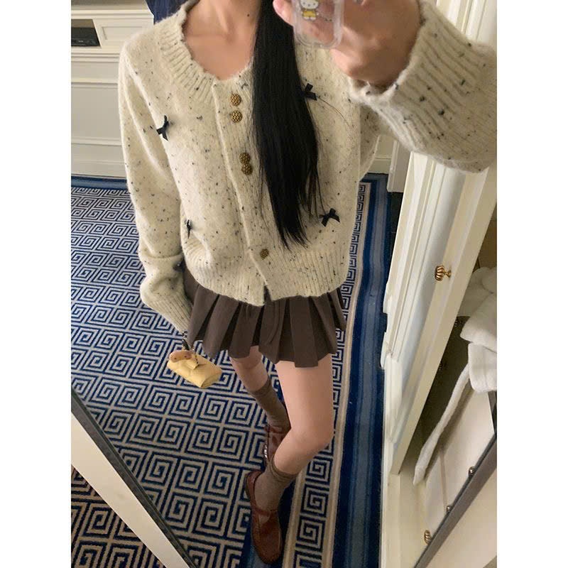 Áo cardigan cách điệu xám tiêu Yummy đính nơ, Áo cardigan dáng ngắn phong cách ngọt ngào tiểu thư | BigBuy360 - bigbuy360.vn