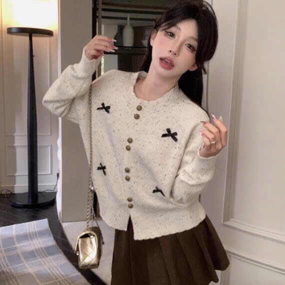 Áo cardigan cách điệu xám tiêu Yummy đính nơ, Áo cardigan dáng ngắn phong cách ngọt ngào tiểu thư | BigBuy360 - bigbuy360.vn