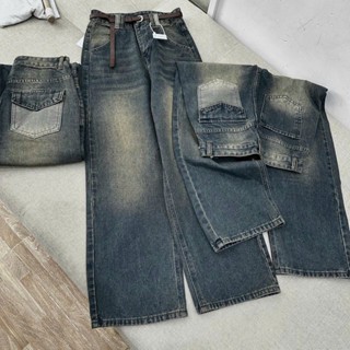 Quần jeans nữ nấm lùn suông culotes xanh retro túi nắp dài 96cm Women M590