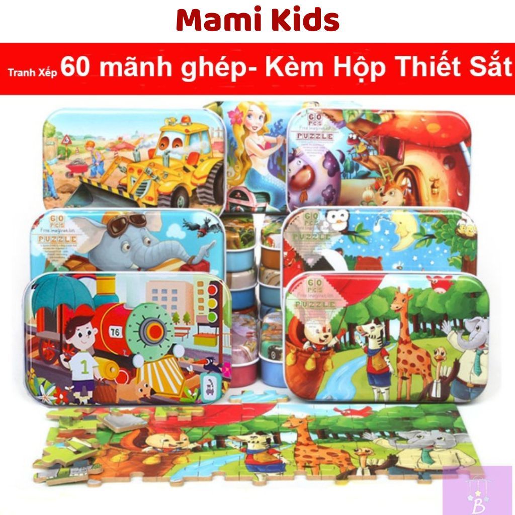 Đồ chơi bộ tranh xếp hình, ghép hình bằng gỗ 60 mảnh puzzle có hộp thiếc cho bé - tranh ghép gỗ 60 m