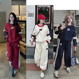 Bộ nỉ nữ Marila cổ tròn cao cấp thêu miumiu phối sọc