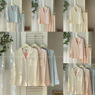 ĐỒ NGỦ  PIJAMA NỮ LỤA SATIN CAO CẤP TAY DÀI QUẦN DÀI BASIC TRƠN LOVE STORY HỒNG XANH BE CAO CẤP MEY TRẦN