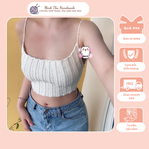 [Minh Thư Handmade] Áo Yếm Len Móc LISA Croptop Hở Lưng - Áo Bra Len Đan Dây Sexy Đi Biển Thủ Công Crochet (Sẵn HCM)