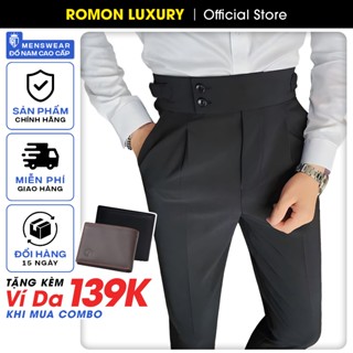 Quần âu nam Hàn Quốc cạp cao sidetab 2 khuy phong cách - Quần tây nam co giãn vải tuyết mưa cao cấp Romon Luxury m66