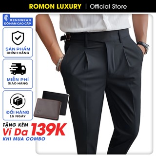 Quần âu nam Hàn Quốc cạp cao có đai chỉnh sidetab 1 bên - Quần tây nam co giãn vải tuyết mưa cao cấp Romon Luxury m68