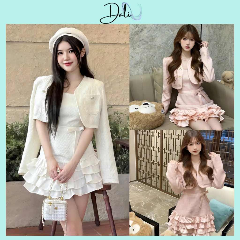 Set Dạ Tiểu Thư 2 Món Gồm Váy Dạ 2 Dây Bèo Gấu Nhiều Tầng Có Đệm + Áo Khoác Dạ Cúc Ngọc Dáng Croptop Sang Chảnh | BigBuy360 - bigbuy360.vn