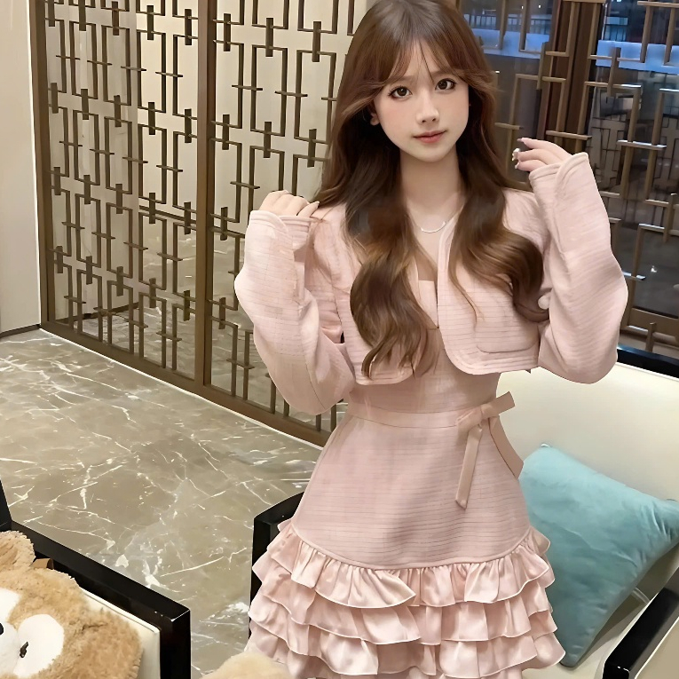 Set Dạ Tiểu Thư 2 Món Gồm Váy Dạ 2 Dây Bèo Gấu Nhiều Tầng Có Đệm + Áo Khoác Dạ Cúc Ngọc Dáng Croptop Sang Chảnh | BigBuy360 - bigbuy360.vn