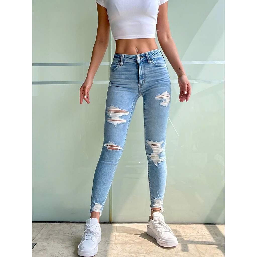 Quần jean dài 9 tấc Skinny Jean BigSize Phom Ôm Lưng Cao Co Dãn Mạnh Rách Nhiều 0086
