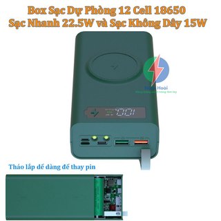 Box sạc dự phòng 12 cell pin 18650 T12 Sạc nhanh 22.5W và Sạc nhanh không dây 15W (Không gồm pin)