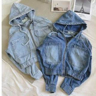 Áo Khoác Jean Nữ Có Nón Bo Chun Lưng Túi Hộp Vuông Khoá Kéo Màu Xanh