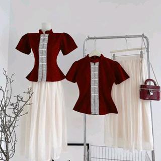 Set đồ nữ áo cổ tàu chất nhung tay ngắn viền ren kèm chân váy tơ 2 lớp mặc tết, chụp ảnh đều xinh