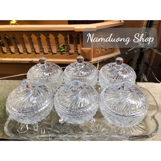 Bộ khay mứt tết thủy tinh pha lê (6 thố + 1 khay thuỷ tinh)