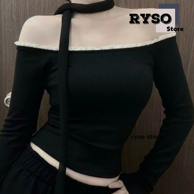 Áo Thun Tay Dài Cổ Thuyền Trơn Basic Viền Ren Dáng Dài Ôm Body, Áo Kiểu Thun Nữ Tay Dài Kiểu Sexy RYSO