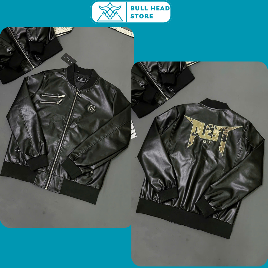 Áo Khoác Bomber Nam Philipp Plein Phối Da Full Áo Cao Cấp - Áo Khoác Bomber Nam Philipp Phối Khoá Si
