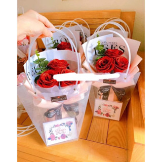 hoa sáp, hoa nhũ kim tuyến 3 bông kèm túi thiệp