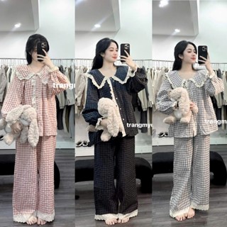(Sẵn)SET BỘ NGỦ KẺ CARO PHỐI VIỀN REN BÈO metwo.dearu - Pijama thô đũi mềm babydoll dài tay FORM RỘNG dày dặn ulzzang HQ